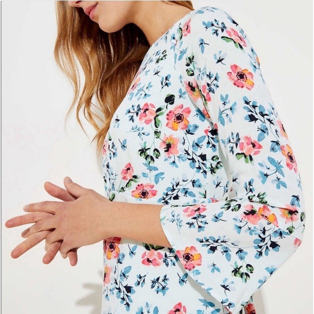 LOFT Blue Breeze Floral Print Dress Tie Back Bell 3/4 Sleeve White Pink Size 12 - Picture 3 of 10